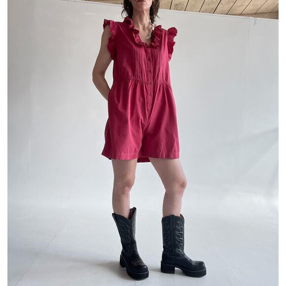 Vtg 70's Red ruffle Button Up Romper Size M Shorts Made in India Boho Retro - Picture 2 of 10